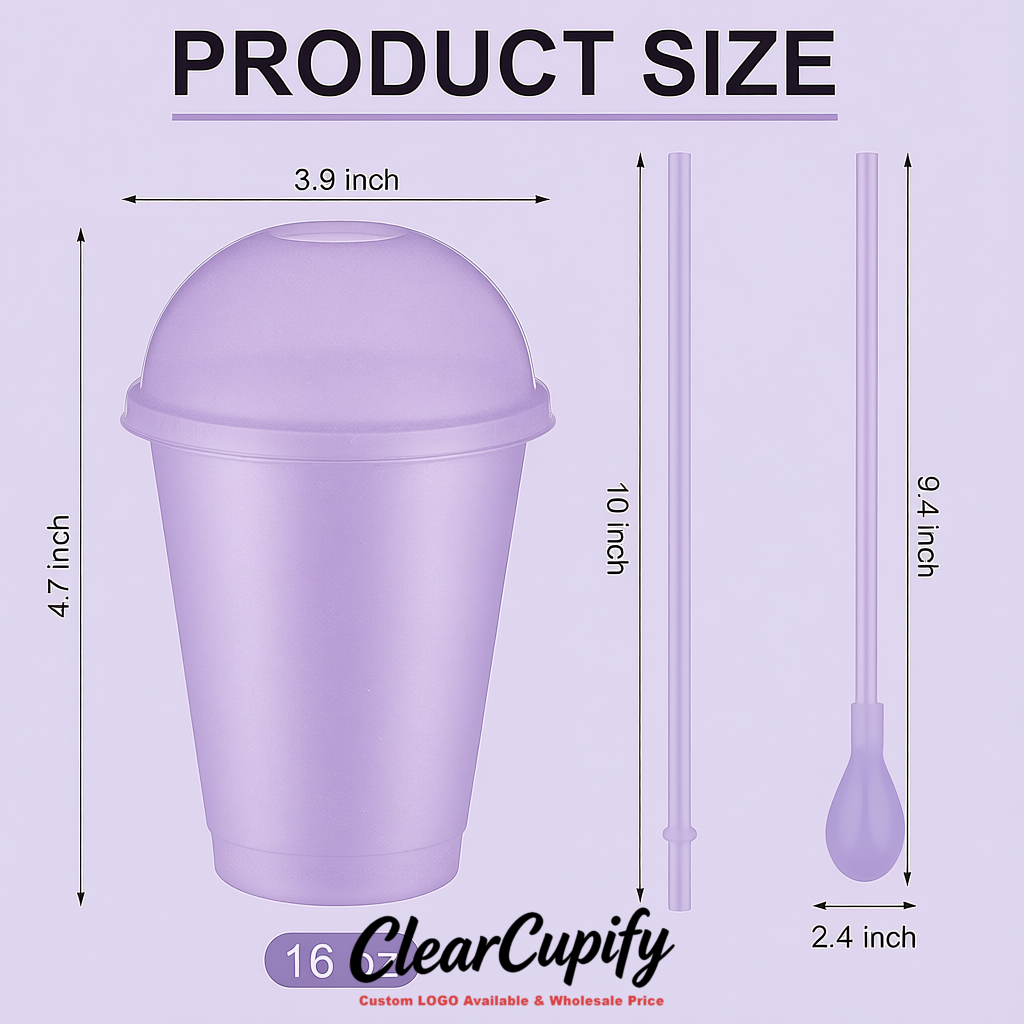 Lavender 16 oz Plastic Slushie Cups with Dome Lid & Detachable Spoon Straws for Milkshake, Boba, Smoothies, Iced Coffee