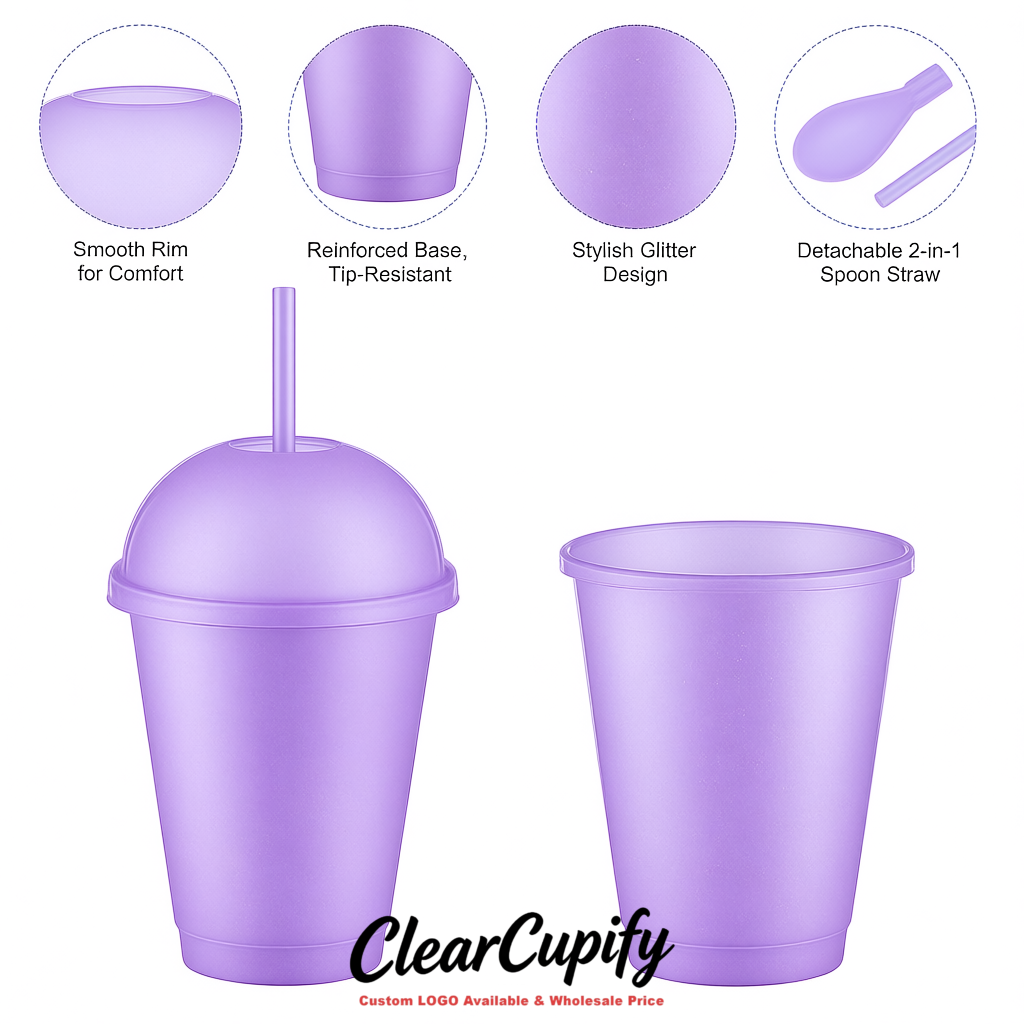 Lavender 16 oz Plastic Slushie Cups with Dome Lid & Detachable Spoon Straws for Milkshake, Boba, Smoothies, Iced Coffee