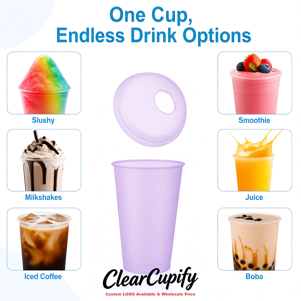 Lavender 16 oz Plastic Slushie Cups with Dome Lid & Detachable Spoon Straws for Milkshake, Boba, Smoothies, Iced Coffee