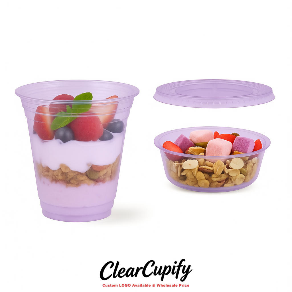 Lavender 12 oz Disposable Plastic Parfait Cups with Insert & Flat lids 3.85 x 2.1 x 4 inches