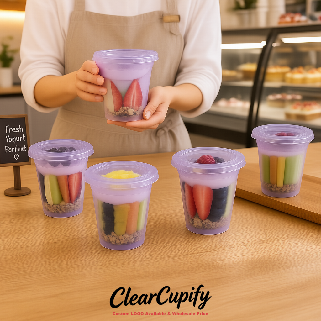Lavender 12 oz Disposable Plastic Parfait Cups with Insert & Flat lids 3.85 x 2.1 x 4 inches