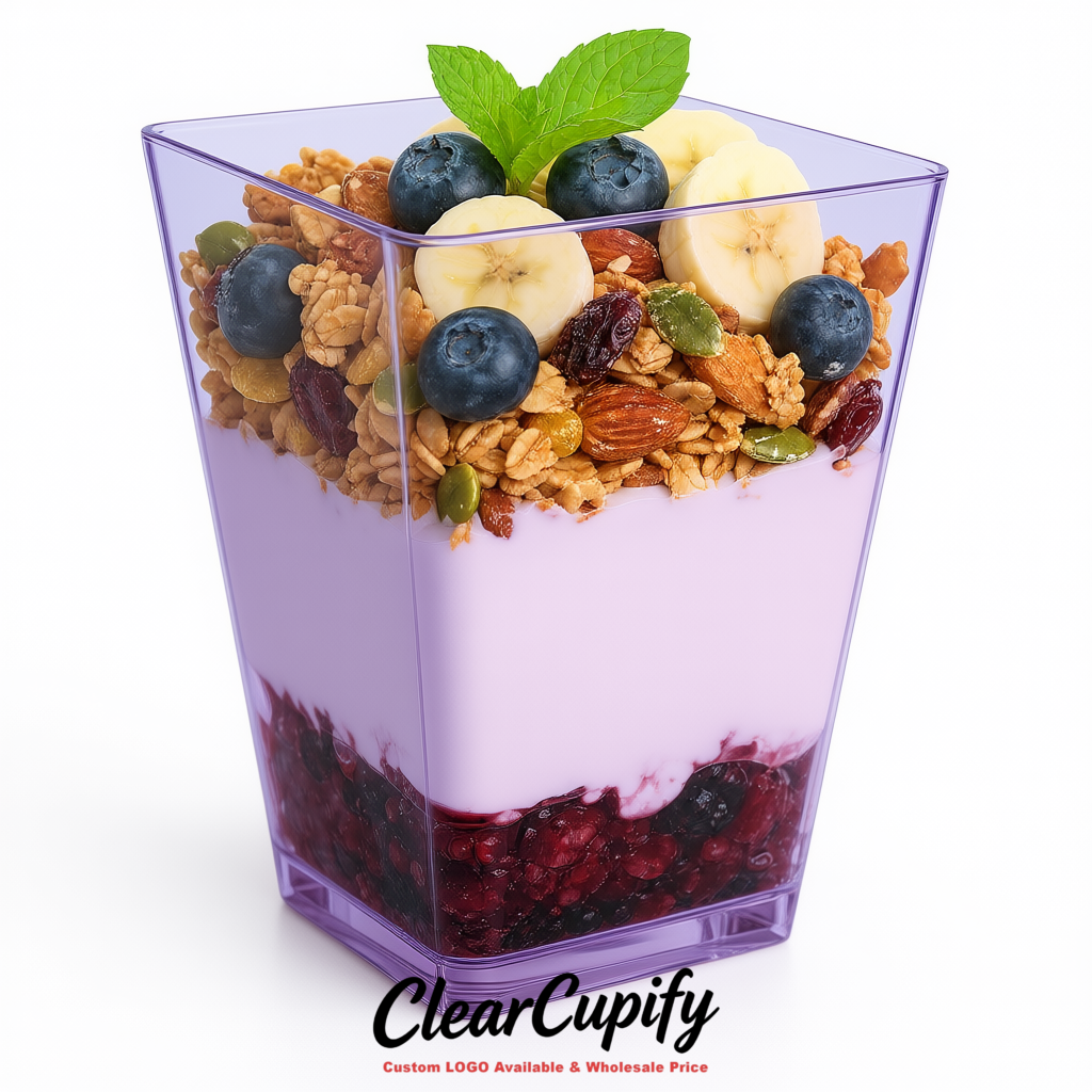 Wholesale Lavender 5 oz Square Clear Plastic Dessert Cups with Spoons for Appetizers, Puddings, Mousse, Parfait Wholesale Lavender 5 oz Square Clear Plastic Dessert Cups with Spoons for Appetizers, Puddings, Mousse, Parfait