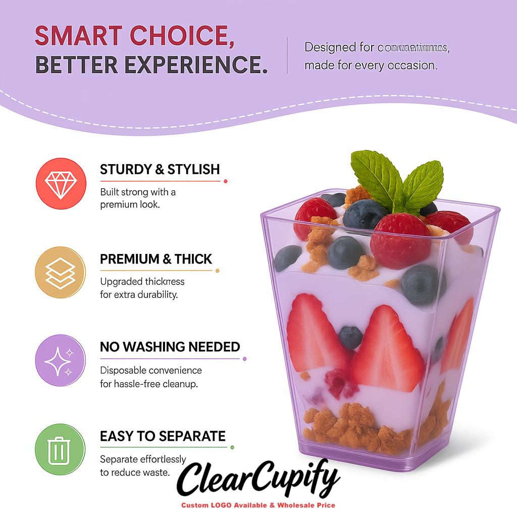 Wholesale Lavender 5 oz Square Clear Plastic Dessert Cups with Spoons for Appetizers, Puddings, Mousse, Parfait