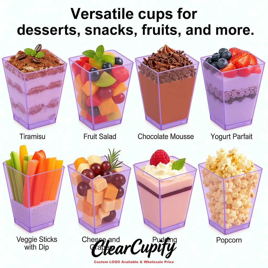 Wholesale Lavender 5 oz Square Clear Plastic Dessert Cups with Spoons for Appetizers, Puddings, Mousse, Parfait