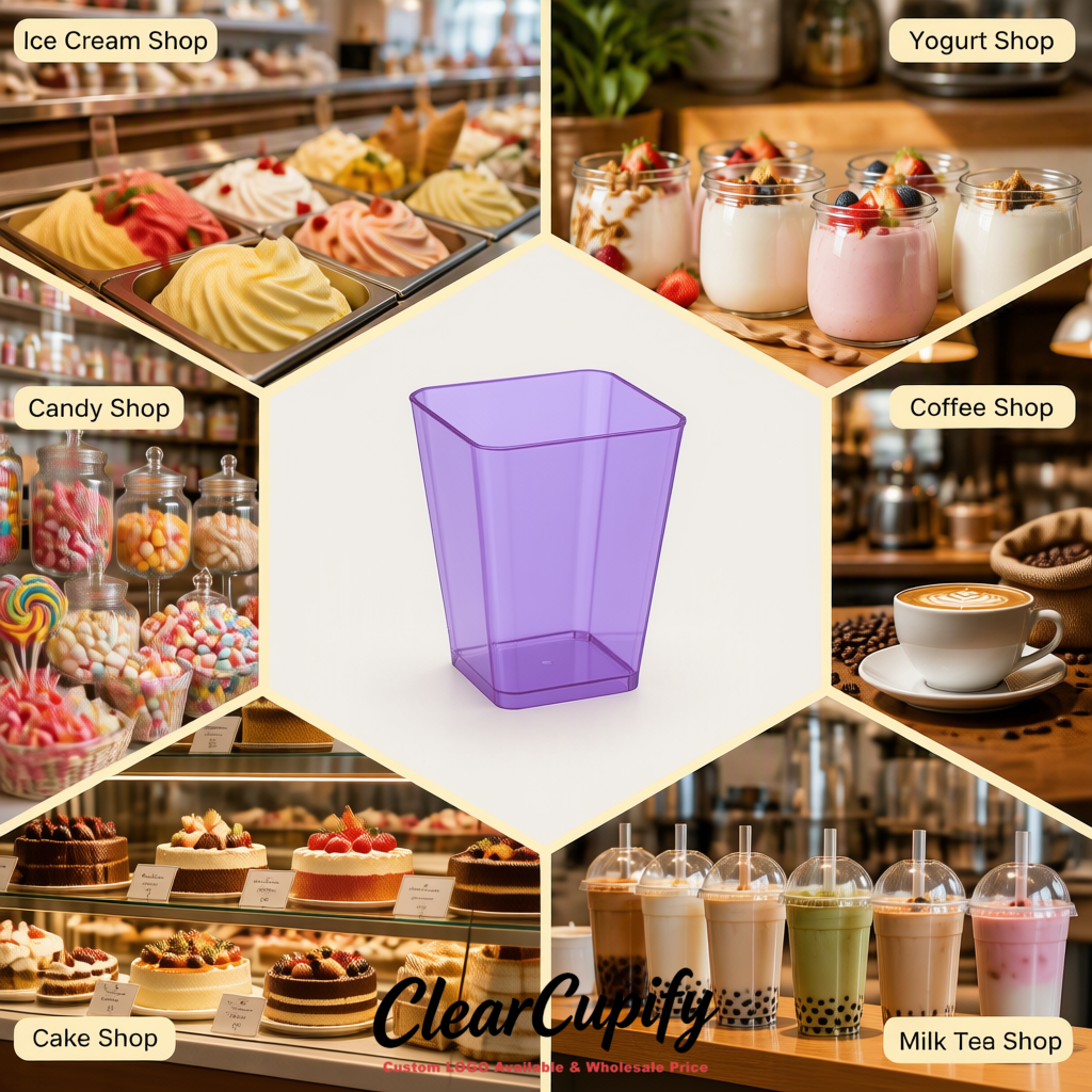 Wholesale Lavender 5 oz Square Clear Plastic Dessert Cups with Spoons for Appetizers, Puddings, Mousse, Parfait