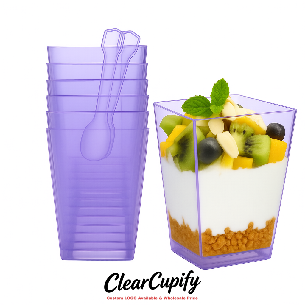 Wholesale Lavender 5 oz Square Clear Plastic Dessert Cups with Spoons for Appetizers, Puddings, Mousse, Parfait