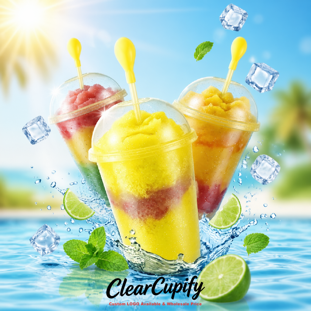 Lemon Yellow 16 oz Plastic Slushie Cups with Dome Lid & Detachable Spoon Straws for Milkshake, Boba, Smoothies, Iced Coffee