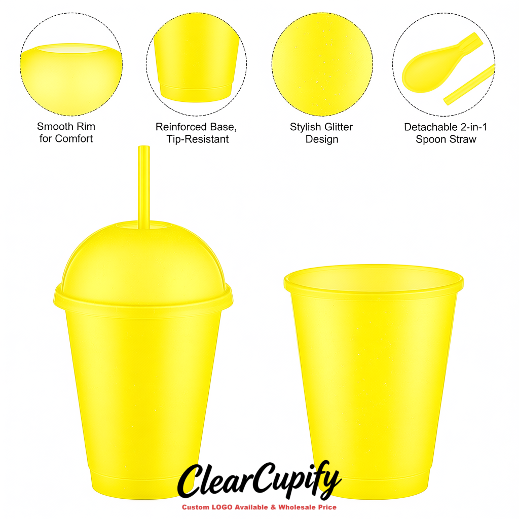 Lemon Yellow 16 oz Plastic Slushie Cups with Dome Lid & Detachable Spoon Straws for Milkshake, Boba, Smoothies, Iced Coffee