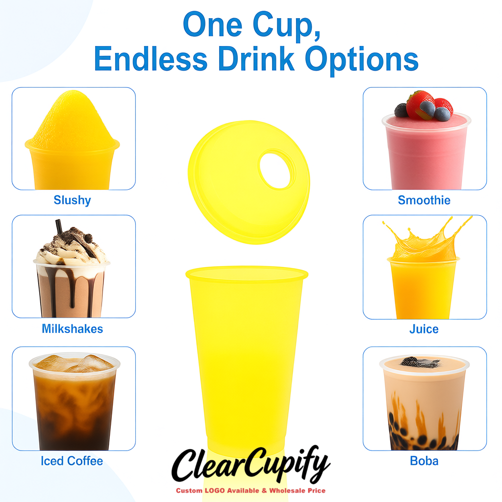 Lemon Yellow 16 oz Plastic Slushie Cups with Dome Lid & Detachable Spoon Straws for Milkshake, Boba, Smoothies, Iced Coffee