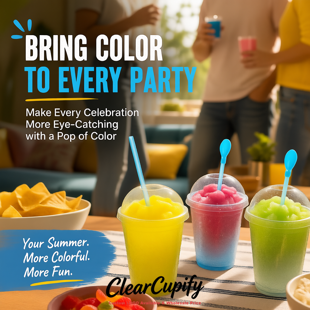 Lemon Yellow 16 oz Plastic Slushie Cups with Dome Lid & Detachable Spoon Straws for Milkshake, Boba, Smoothies, Iced Coffee