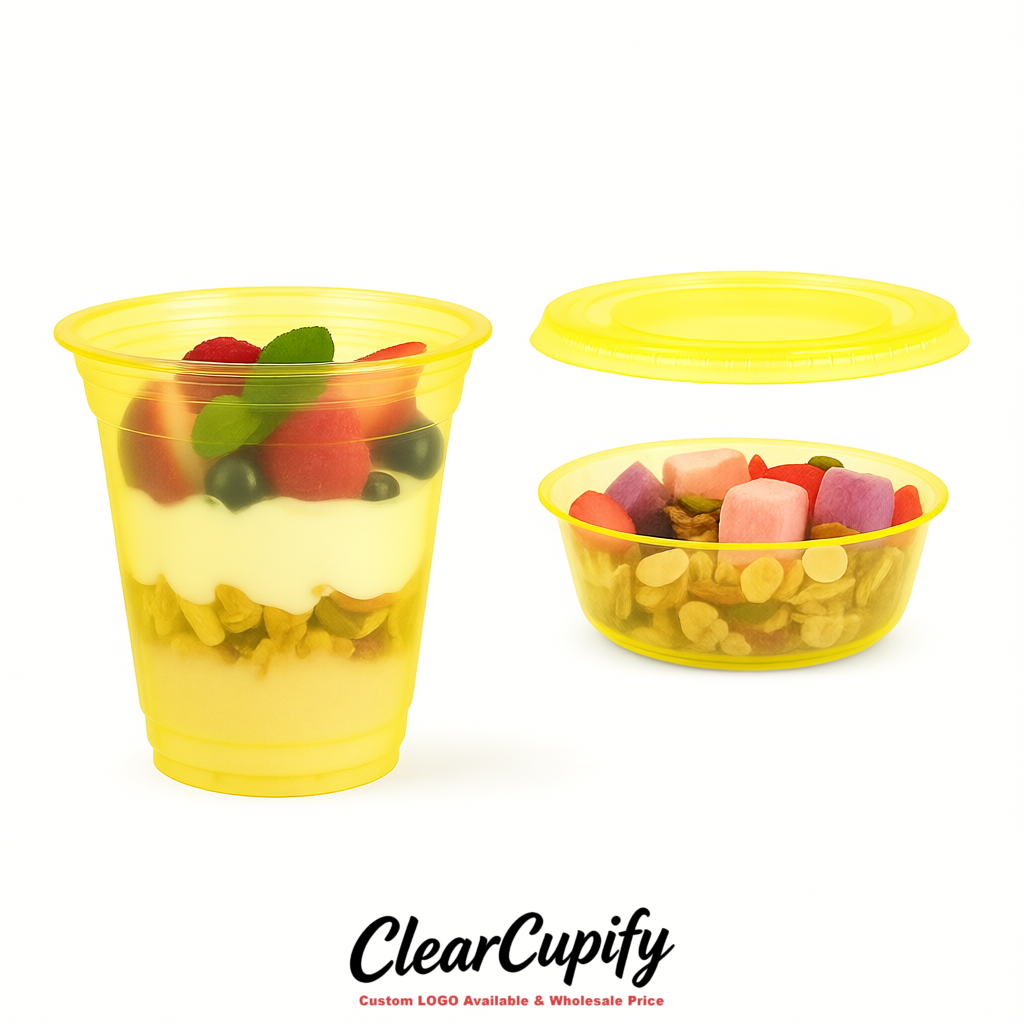 Lemon Yellow 12 oz Disposable Plastic Parfait Cups with Insert & Flat lids 3.85 x 2.1 x 4 inches
