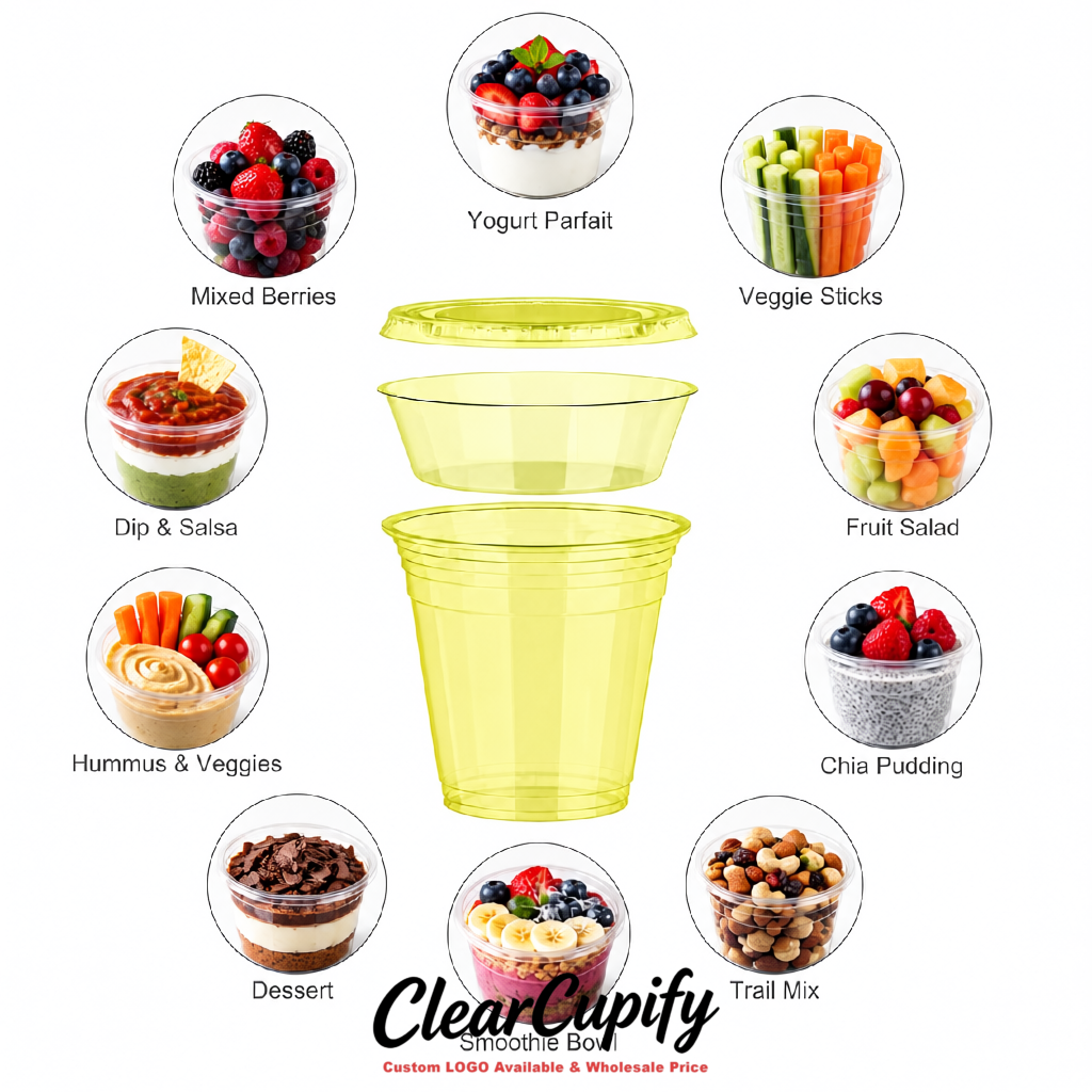Lemon Yellow 12 oz Disposable Plastic Parfait Cups with Insert & Flat lids 3.85 x 2.1 x 4 inches