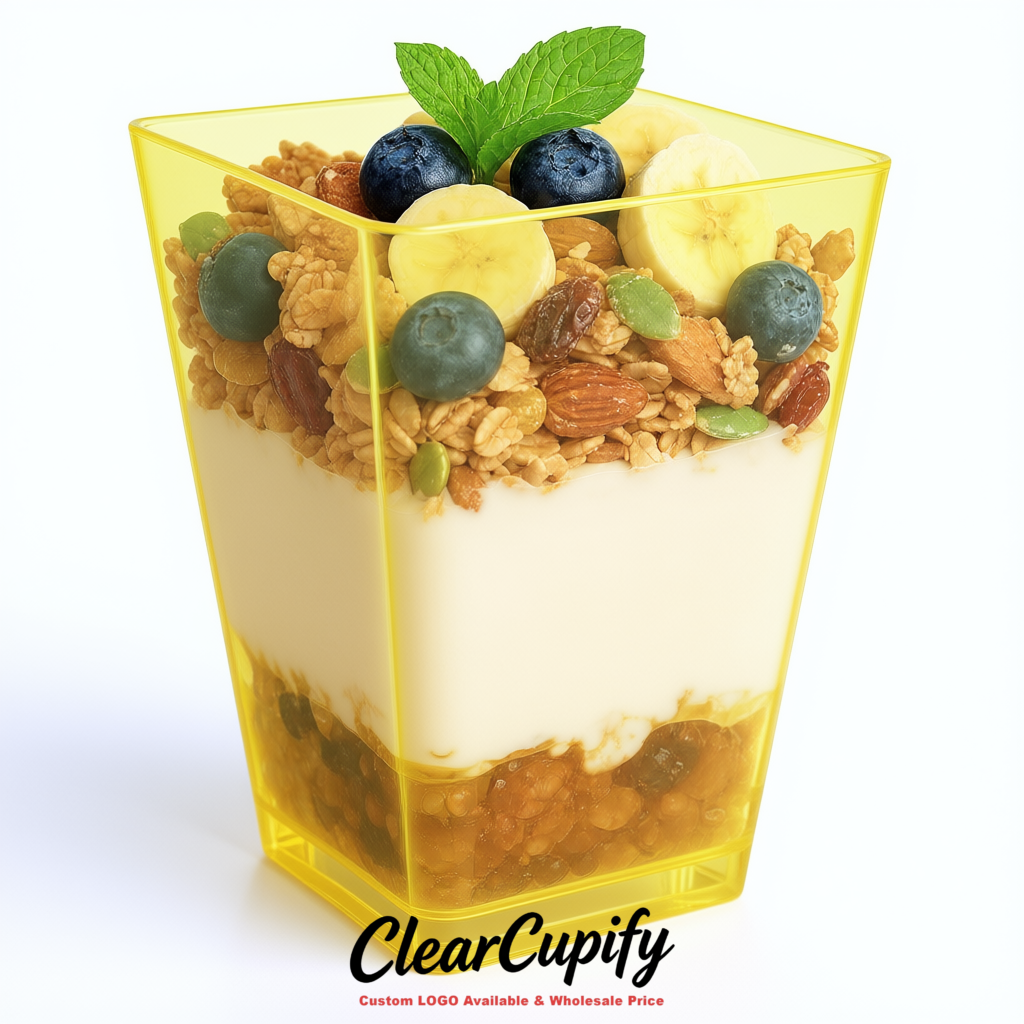 Wholesale Lemon Yellow 5 oz Square Clear Plastic Dessert Cups with Spoons for Appetizers, Puddings, Mousse, Parfait