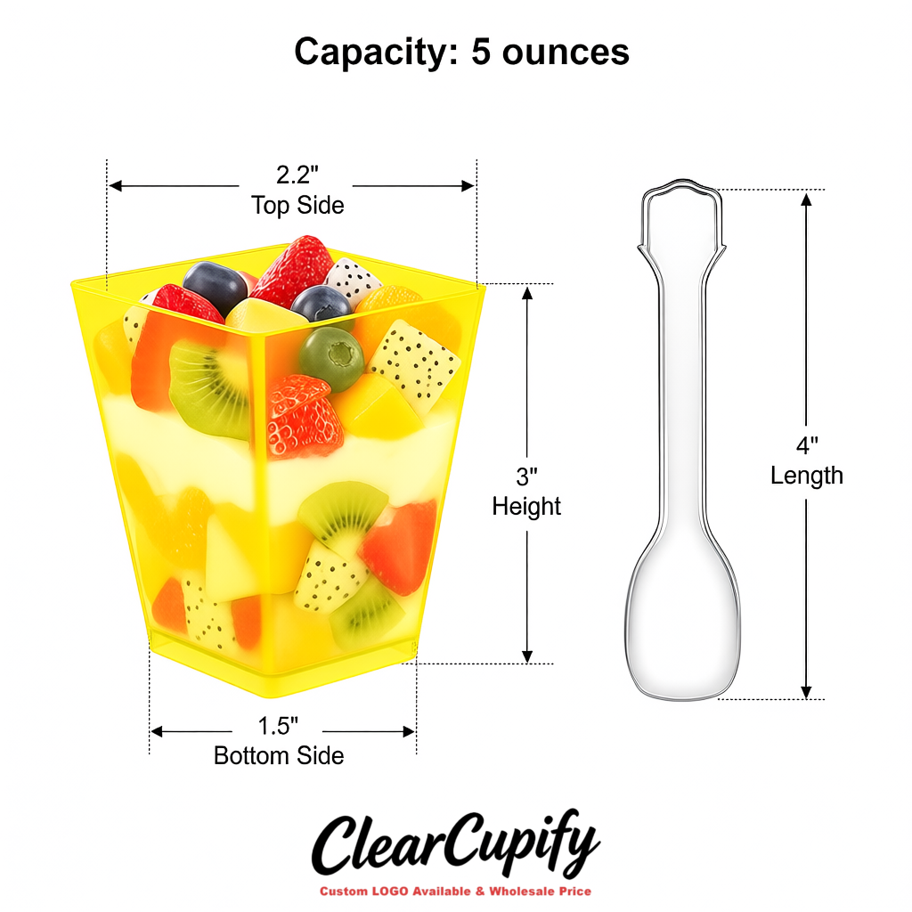 Wholesale Lemon Yellow 5 oz Square Clear Plastic Dessert Cups with Spoons for Appetizers, Puddings, Mousse, Parfait