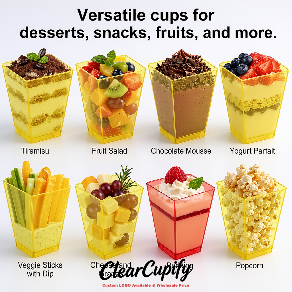 Wholesale Lemon Yellow 5 oz Square Clear Plastic Dessert Cups with Spoons for Appetizers, Puddings, Mousse, Parfait
