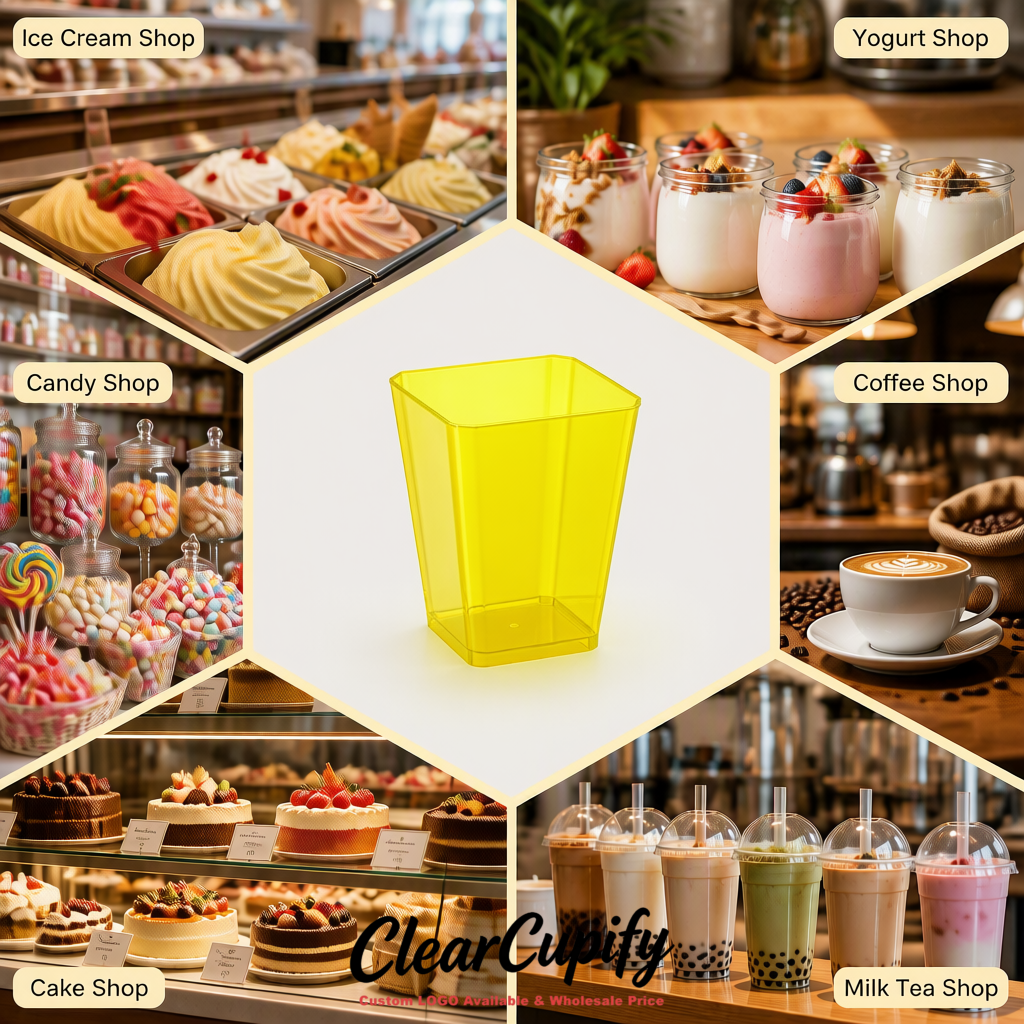 Wholesale Lemon Yellow 5 oz Square Clear Plastic Dessert Cups with Spoons for Appetizers, Puddings, Mousse, Parfait