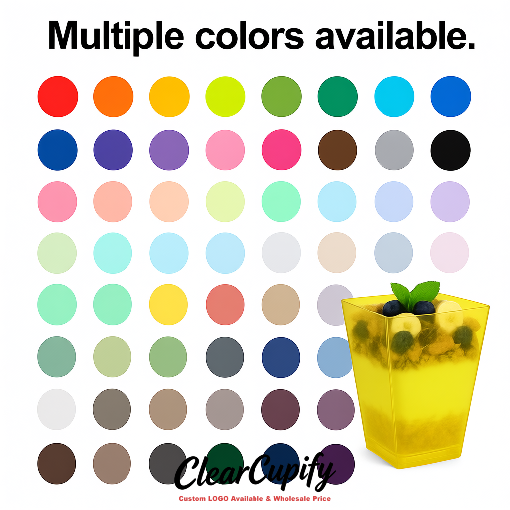 Wholesale Lemon Yellow 5 oz Square Clear Plastic Dessert Cups with Spoons for Appetizers, Puddings, Mousse, Parfait