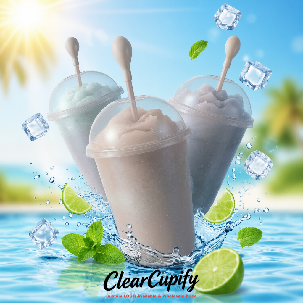 Light Slate Gray 16 oz Plastic Slushie Cups with Dome Lid & Detachable Spoon Straws for Milkshake, Boba, Smoothies, Iced Coffee