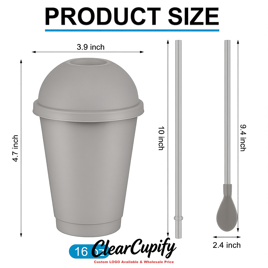 Light Slate Gray 16 oz Plastic Slushie Cups with Dome Lid & Detachable Spoon Straws for Milkshake, Boba, Smoothies, Iced Coffee