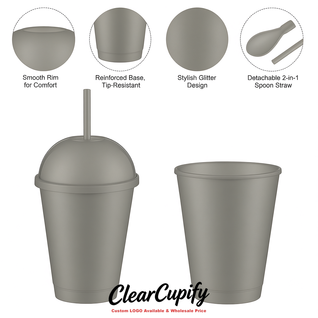 Light Slate Gray 16 oz Plastic Slushie Cups with Dome Lid & Detachable Spoon Straws for Milkshake, Boba, Smoothies, Iced Coffee