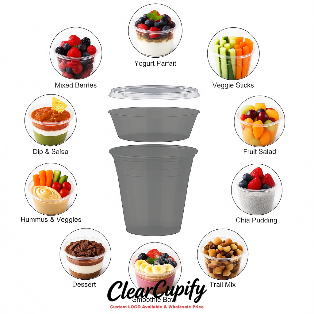 Light Slate Gray 12 oz Disposable Plastic Parfait Cups with Insert & Flat lids 3.85 x 2.1 x 4 inches