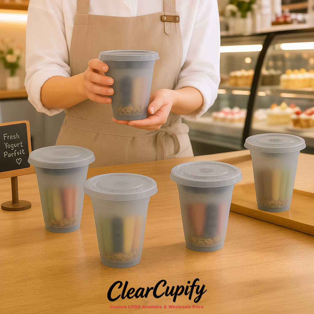 Light Slate Gray 12 oz Disposable Plastic Parfait Cups with Insert & Flat lids 3.85 x 2.1 x 4 inches