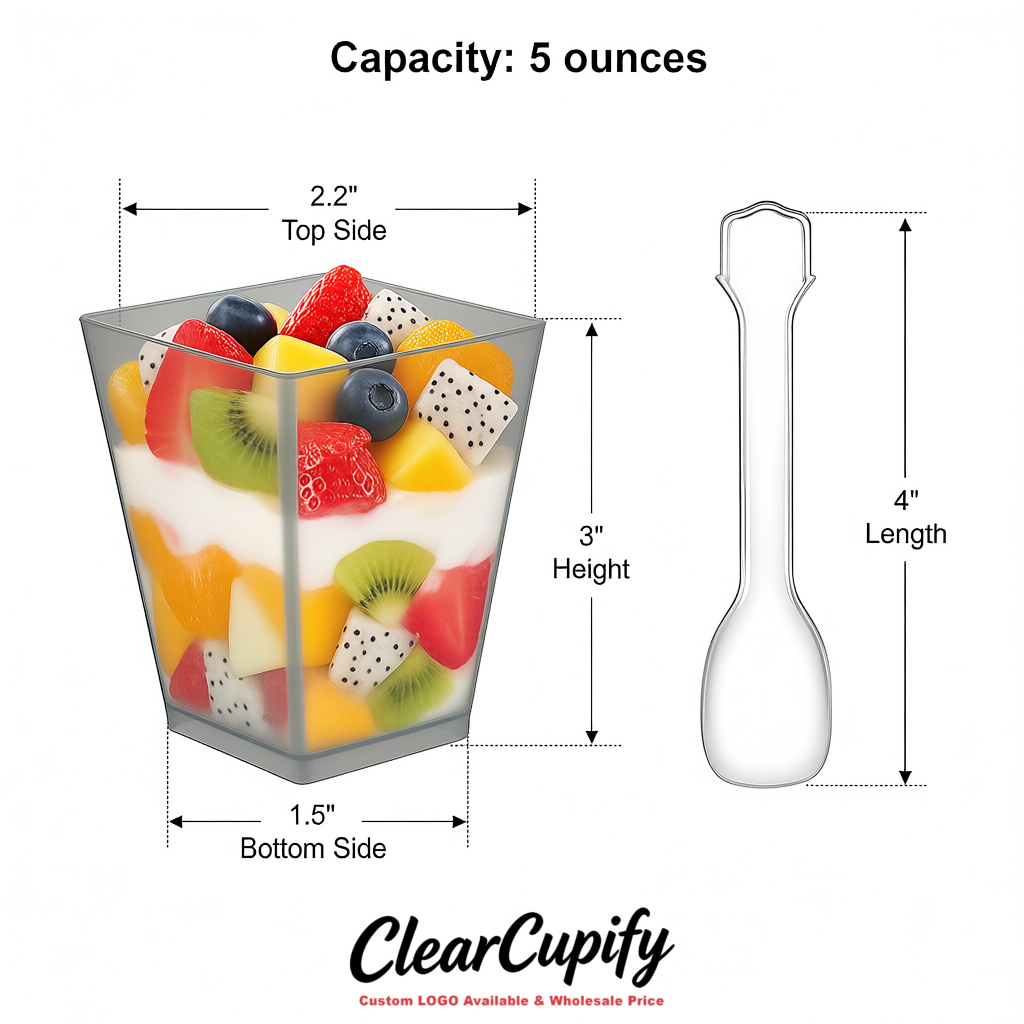 Wholesale Light Slate Gray 5 oz Square Clear Plastic Dessert Cups with Spoons for Appetizers, Puddings, Mousse, Parfait