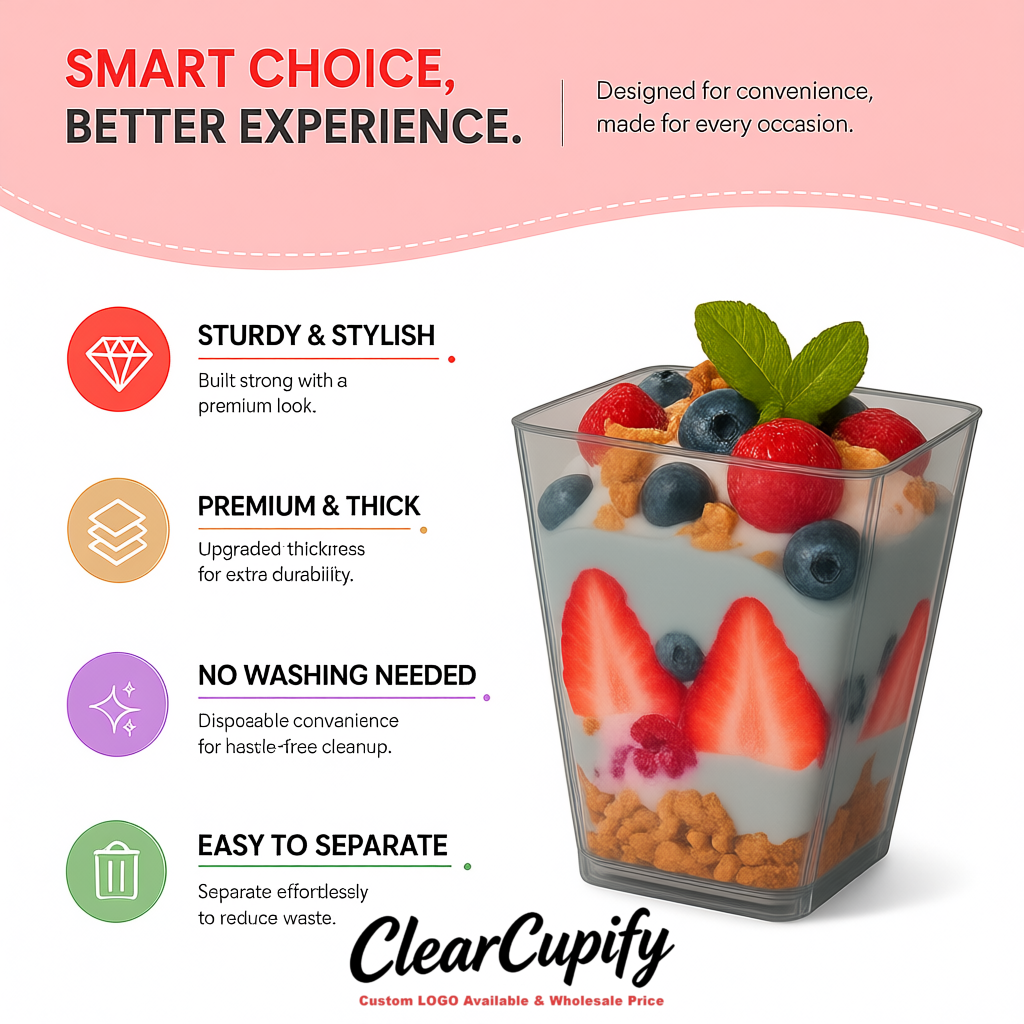 Wholesale Light Slate Gray 5 oz Square Clear Plastic Dessert Cups with Spoons for Appetizers, Puddings, Mousse, Parfait