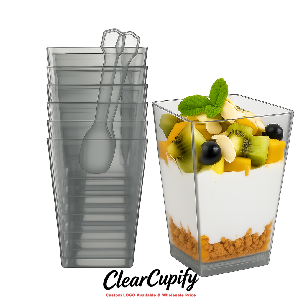Wholesale Light Slate Gray 5 oz Square Clear Plastic Dessert Cups with Spoons for Appetizers, Puddings, Mousse, Parfait