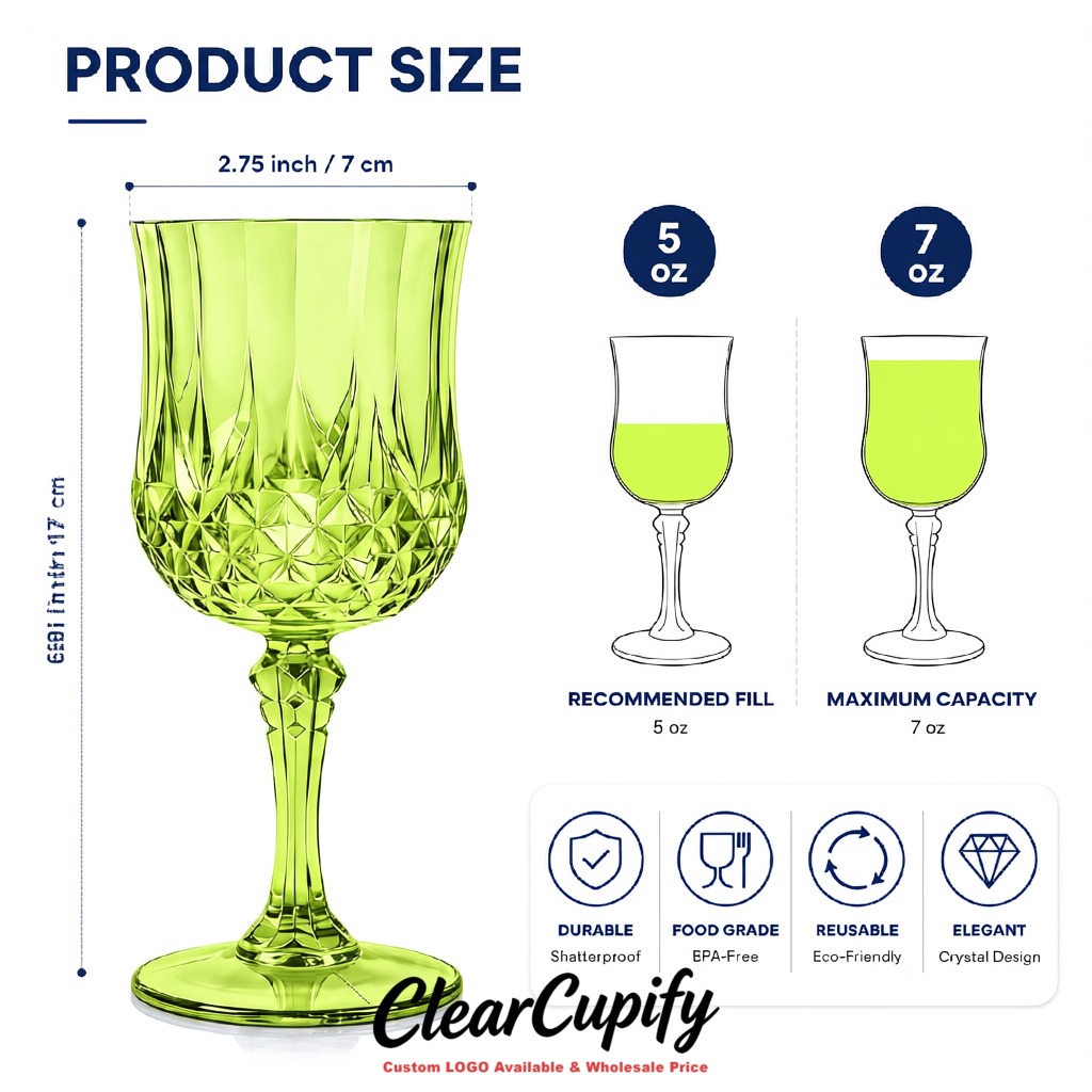 Lime Green 7oz Acrylic Plastic Wine Goblets - 2.7 x 6.7 inches Party & Wedding Wine Glasses