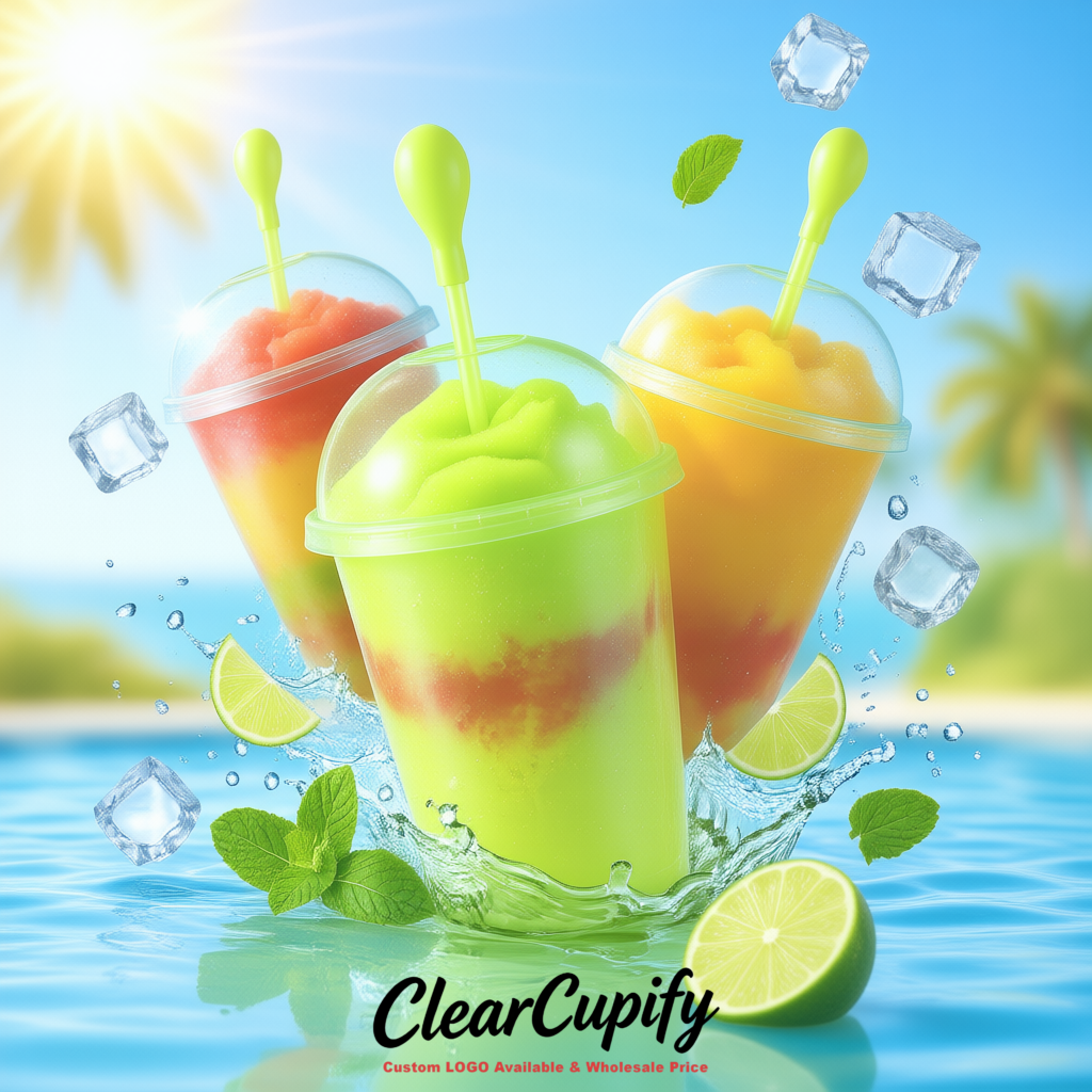 Lime Green 16 oz Plastic Slushie Cups with Dome Lid & Detachable Spoon Straws for Milkshake, Boba, Smoothies, Iced Coffee