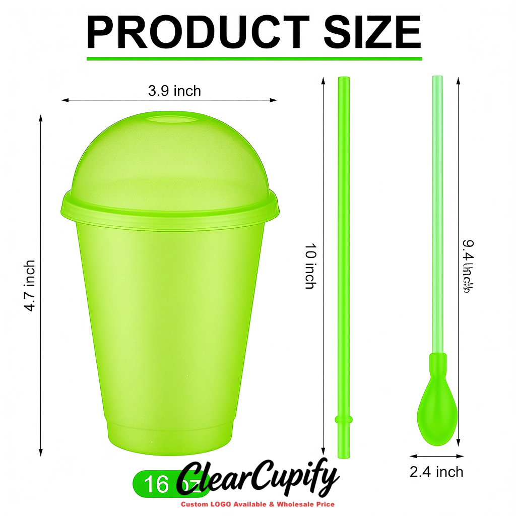 Lime Green 16 oz Plastic Slushie Cups with Dome Lid & Detachable Spoon Straws for Milkshake, Boba, Smoothies, Iced Coffee