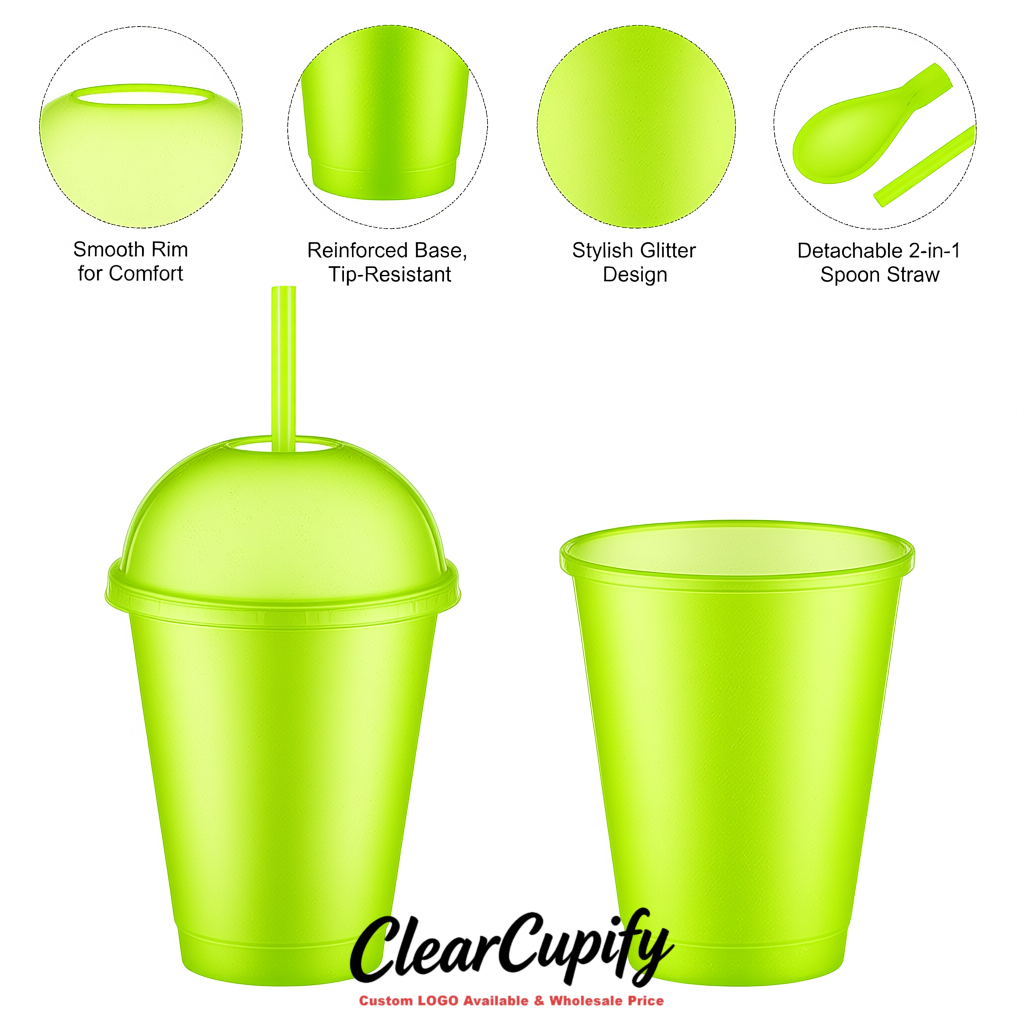 Lime Green 16 oz Plastic Slushie Cups with Dome Lid & Detachable Spoon Straws for Milkshake, Boba, Smoothies, Iced Coffee