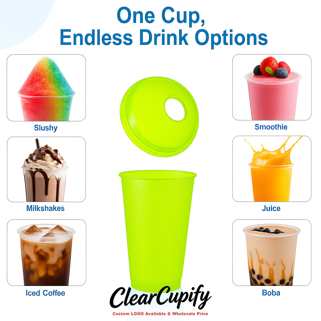 Lime Green 16 oz Plastic Slushie Cups with Dome Lid & Detachable Spoon Straws for Milkshake, Boba, Smoothies, Iced Coffee