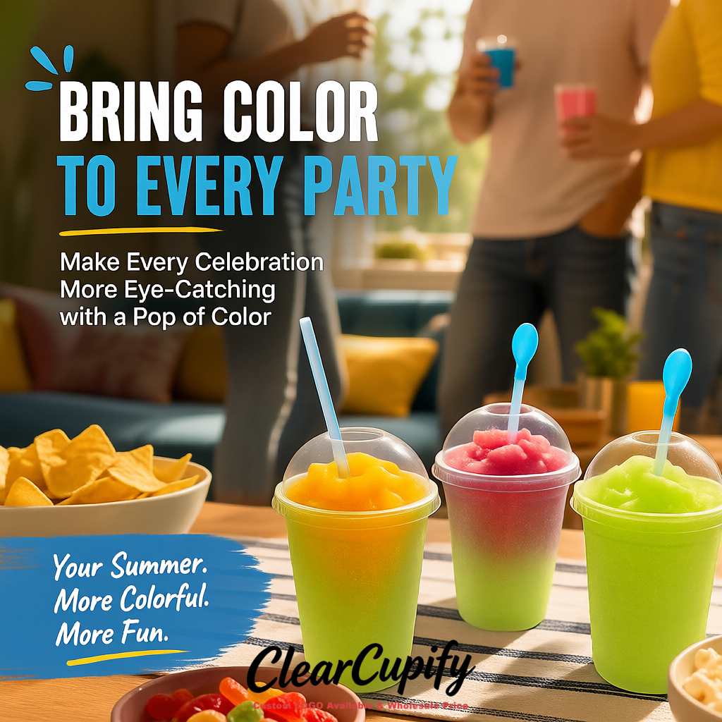 Lime Green 16 oz Plastic Slushie Cups with Dome Lid & Detachable Spoon Straws for Milkshake, Boba, Smoothies, Iced Coffee