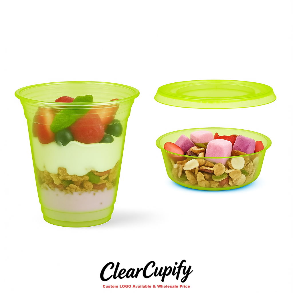 Lime Green 12 oz Disposable Plastic Parfait Cups with Insert & Flat lids 3.85 x 2.1 x 4 inches