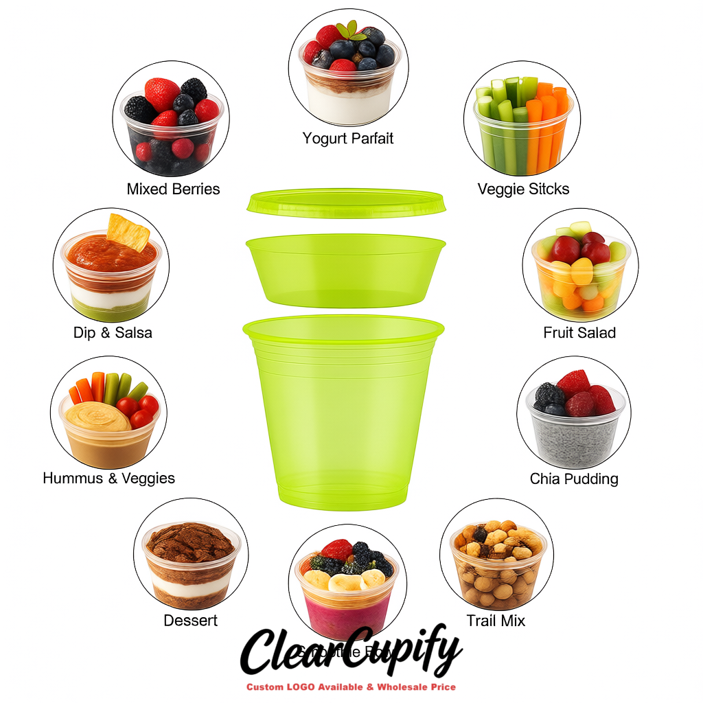 Lime Green 12 oz Disposable Plastic Parfait Cups with Insert & Flat lids 3.85 x 2.1 x 4 inches