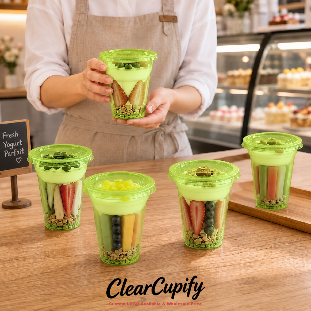 Lime Green 12 oz Disposable Plastic Parfait Cups with Insert & Flat lids 3.85 x 2.1 x 4 inches