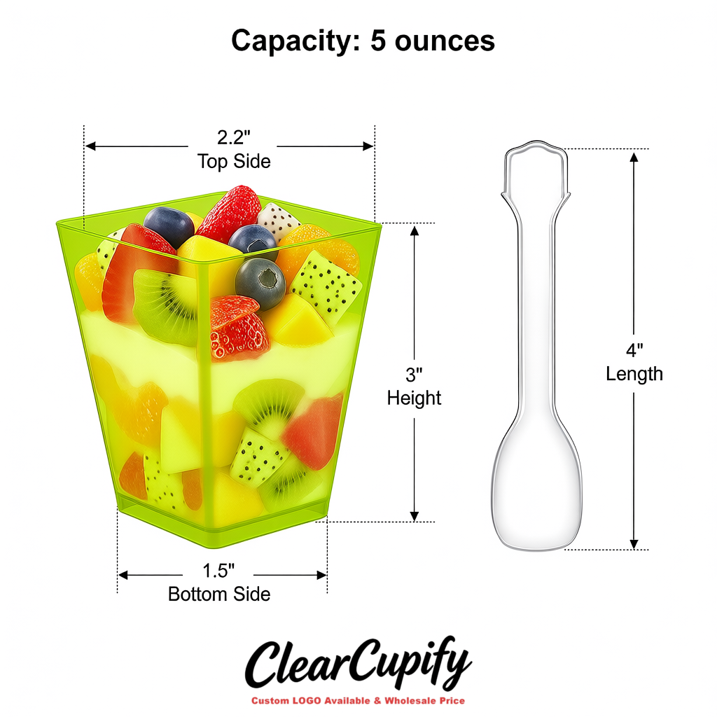 Wholesale Lime Green 5 oz Square Clear Plastic Dessert Cups with Spoons for Appetizers, Puddings, Mousse, Parfait Wholesale Lime Green 5 oz Square Clear Plastic Dessert Cups with Spoons for Appetizers, Puddings, Mousse, Parfait