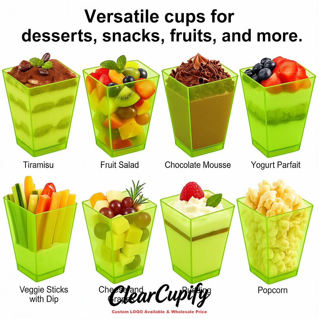 Wholesale Lime Green 5 oz Square Clear Plastic Dessert Cups with Spoons for Appetizers, Puddings, Mousse, Parfait