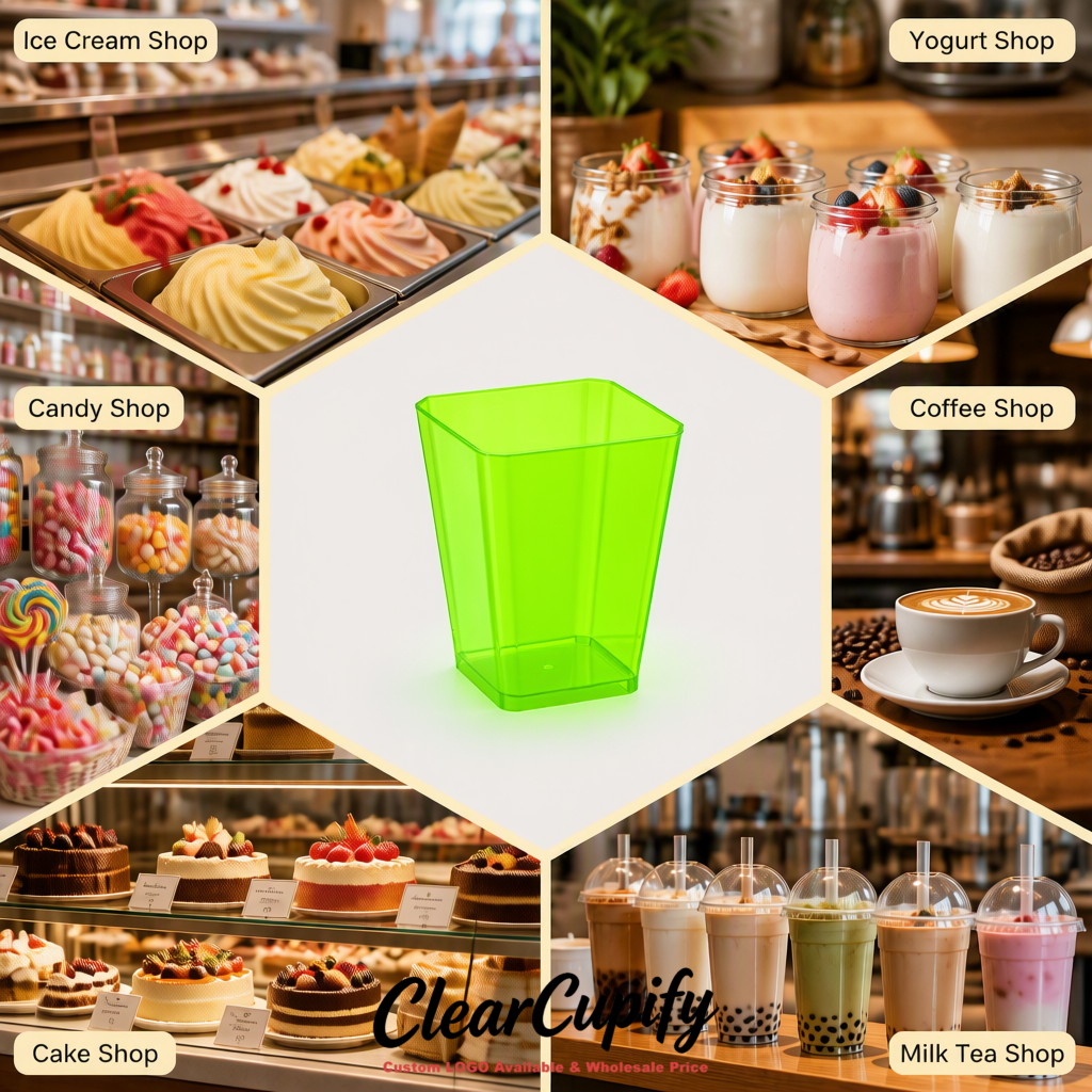 Wholesale Lime Green 5 oz Square Clear Plastic Dessert Cups with Spoons for Appetizers, Puddings, Mousse, Parfait