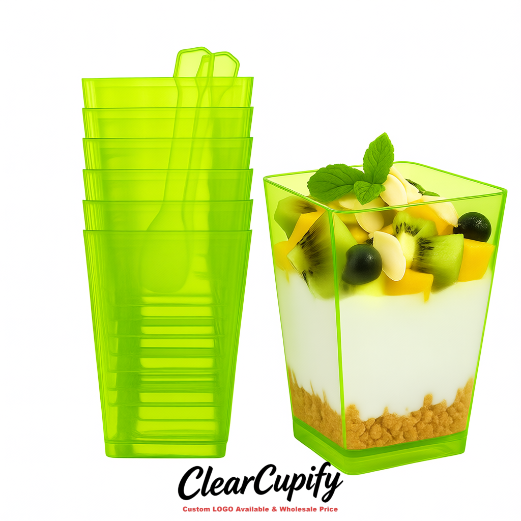 Wholesale Lime Green 5 oz Square Clear Plastic Dessert Cups with Spoons for Appetizers, Puddings, Mousse, Parfait