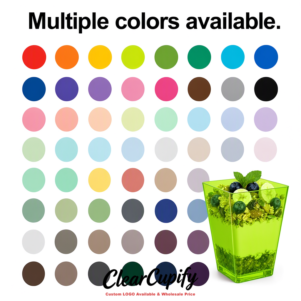 Wholesale Lime Green 5 oz Square Clear Plastic Dessert Cups with Spoons for Appetizers, Puddings, Mousse, Parfait