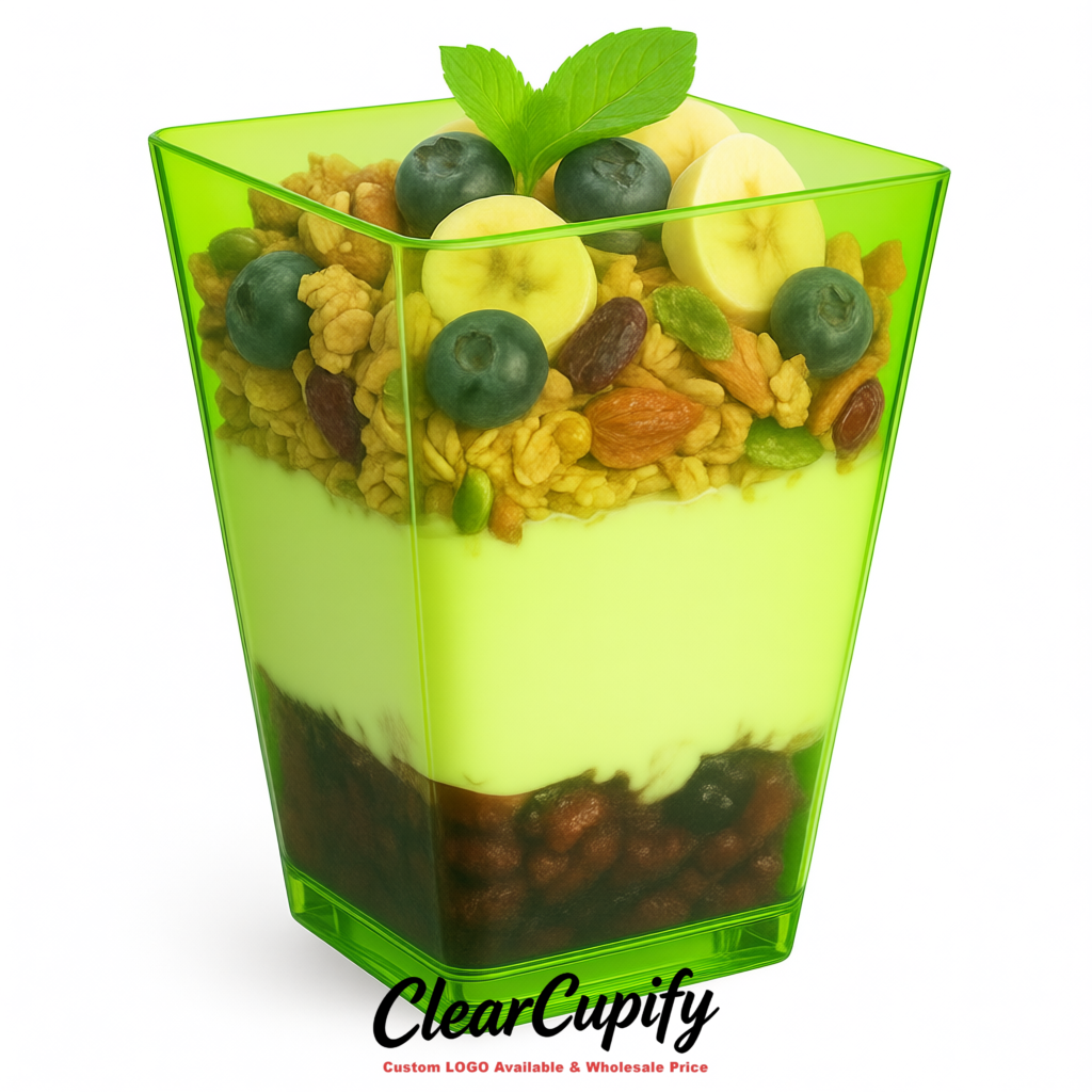 Wholesale Lime Green 5 oz Square Clear Plastic Dessert Cups with Spoons for Appetizers, Puddings, Mousse, Parfait