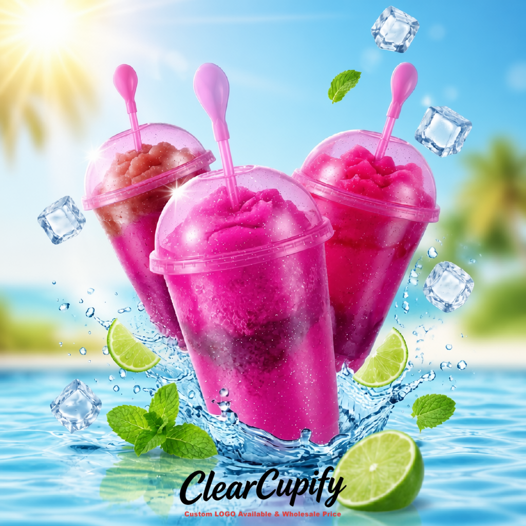 Magenta 16 oz Plastic Slushie Cups with Dome Lid & Detachable Spoon Straws for Milkshake, Boba, Smoothies, Iced Coffee