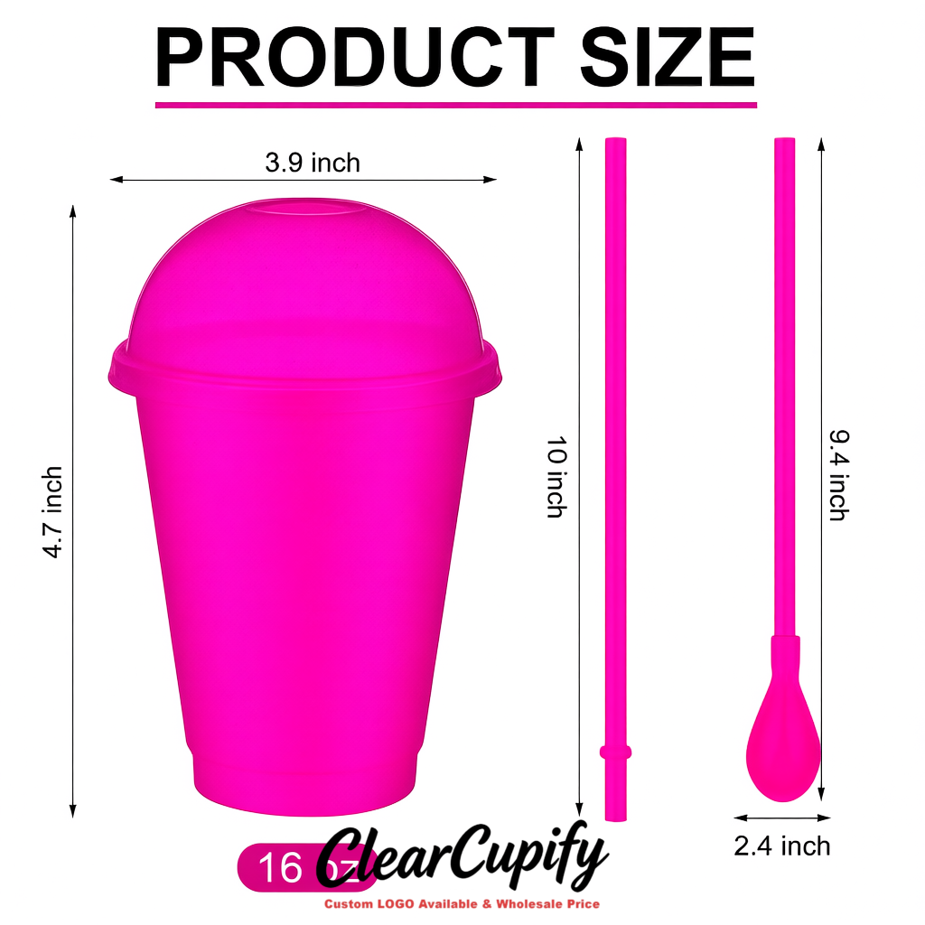 Magenta 16 oz Plastic Slushie Cups with Dome Lid & Detachable Spoon Straws for Milkshake, Boba, Smoothies, Iced Coffee