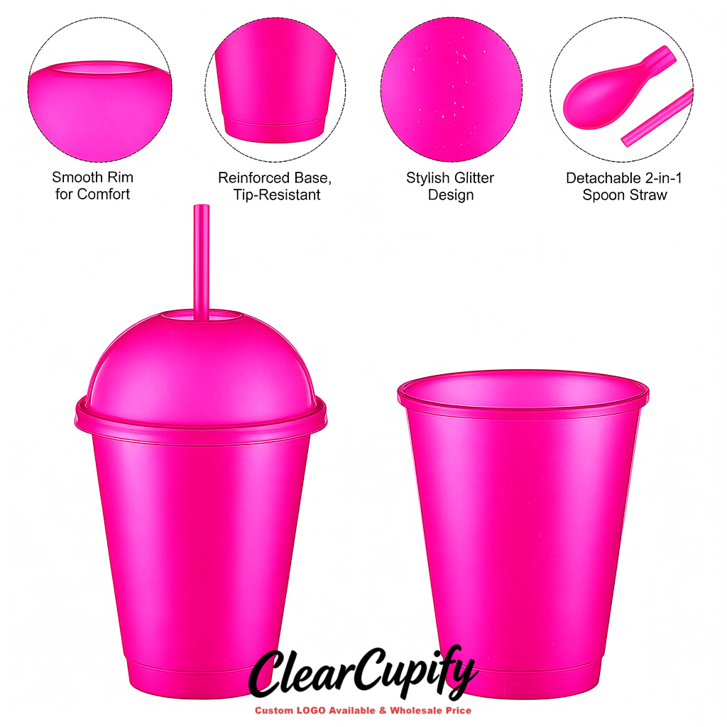 Magenta 16 oz Plastic Slushie Cups with Dome Lid & Detachable Spoon Straws for Milkshake, Boba, Smoothies, Iced Coffee