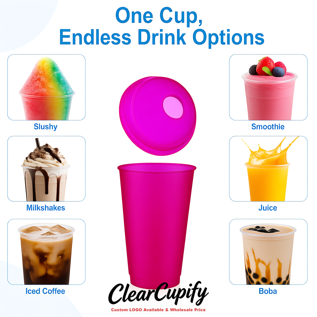 Magenta 16 oz Plastic Slushie Cups with Dome Lid & Detachable Spoon Straws for Milkshake, Boba, Smoothies, Iced Coffee