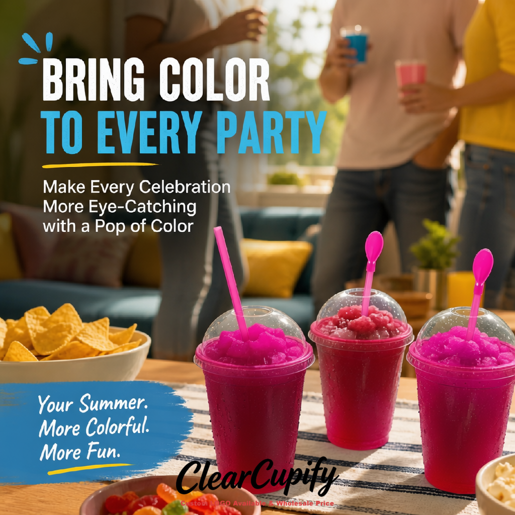 Magenta 16 oz Plastic Slushie Cups with Dome Lid & Detachable Spoon Straws for Milkshake, Boba, Smoothies, Iced Coffee