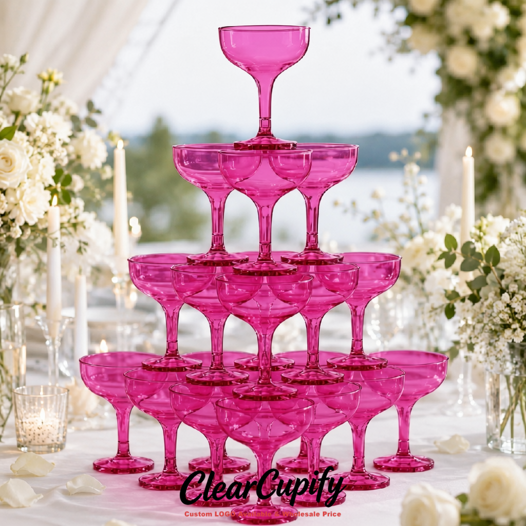 Magenta 5oz Stackable Plastic Martini Glasses 4.13x3.14 inches/10.5x8 cm For Champagne Tower